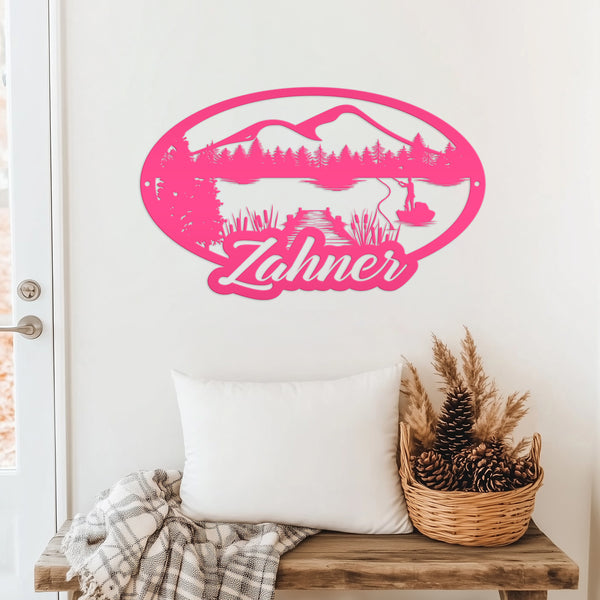 Outdoor Lake Fishing Mountain Scene-Fishing Metal Sign- Fishing Scene Wall Art and Decor-Fishing Themed Decor-Fishing Scene Sign for Hunting Cabin