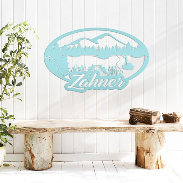 Outdoor Lake Fishing Mountain Scene-Fishing Metal Sign- Fishing Scene Wall Art and Decor-Fishing Themed Decor-Fishing Scene Sign for Hunting Cabin