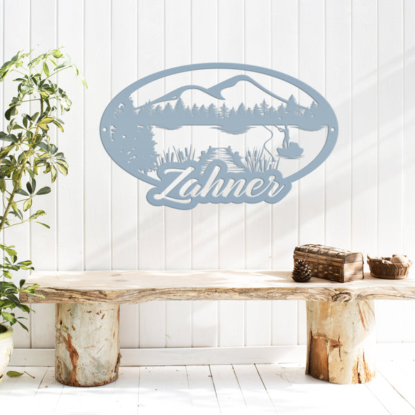 Outdoor Lake Fishing Mountain Scene-Fishing Metal Sign- Fishing Scene Wall Art and Decor-Fishing Themed Decor-Fishing Scene Sign for Hunting Cabin
