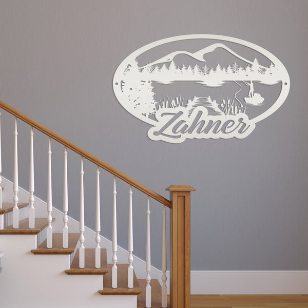 Outdoor Lake Fishing Mountain Scene-Fishing Metal Sign- Fishing Scene Wall Art and Decor-Fishing Themed Decor-Fishing Scene Sign for Hunting Cabin