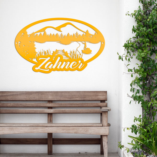 Outdoor Lake Fishing Mountain Scene-Fishing Metal Sign- Fishing Scene Wall Art and Decor-Fishing Themed Decor-Fishing Scene Sign for Hunting Cabin