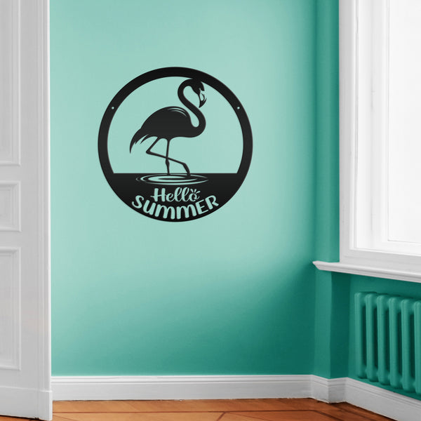 Hello Summer Flamingo Metal Art - Cute Outdoor Front Porch Decor - Tropical Beach House Sign - Charming Door Hanger - Whimsical Wall Hanging