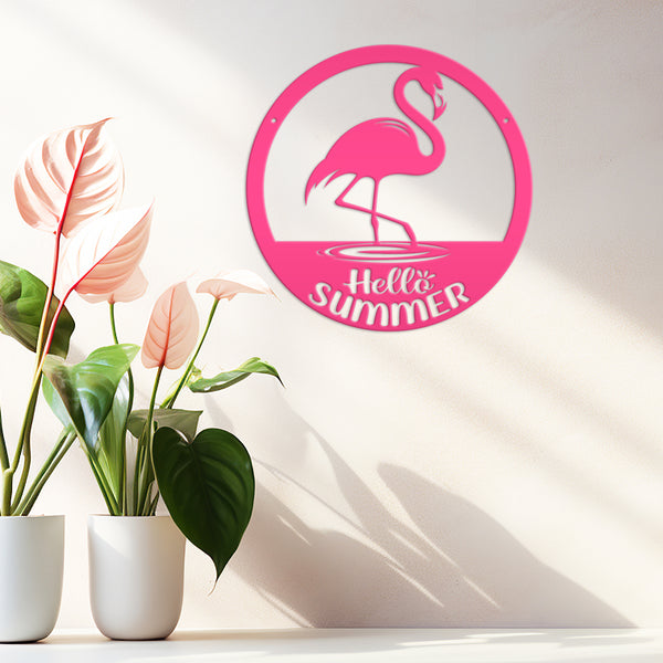 Hello Summer Flamingo Metal Art - Cute Outdoor Front Porch Decor - Tropical Beach House Sign - Charming Door Hanger - Whimsical Wall Hanging