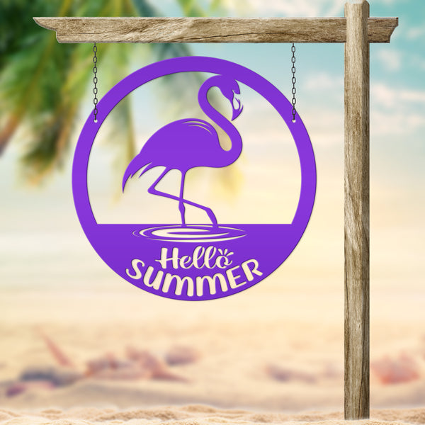 Hello Summer Flamingo Metal Art - Cute Outdoor Front Porch Decor - Tropical Beach House Sign - Charming Door Hanger - Whimsical Wall Hanging