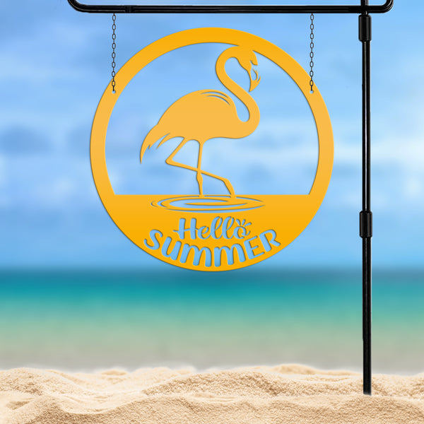 Hello Summer Flamingo Metal Art - Cute Outdoor Front Porch Decor - Tropical Beach House Sign - Charming Door Hanger - Whimsical Wall Hanging