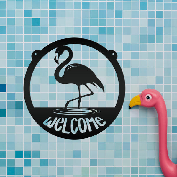Tropical Flamingo Metal Welcome Sign - Fun Entryway Wall Hanging - Whimsical Beach Decor - Pink Flamingos Door Hanger - Housewarming Gift
