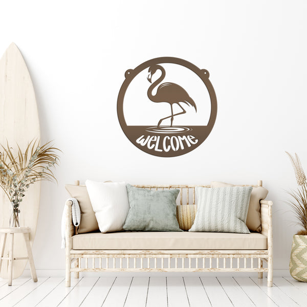Tropical Flamingo Metal Welcome Sign - Fun Entryway Wall Hanging - Whimsical Beach Decor - Pink Flamingos Door Hanger - Housewarming Gift