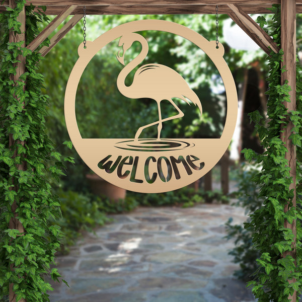 Tropical Flamingo Metal Welcome Sign - Fun Entryway Wall Hanging - Whimsical Beach Decor - Pink Flamingos Door Hanger - Housewarming Gift