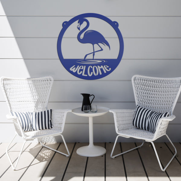 Tropical Flamingo Metal Welcome Sign - Fun Entryway Wall Hanging - Whimsical Beach Decor - Pink Flamingos Door Hanger - Housewarming Gift
