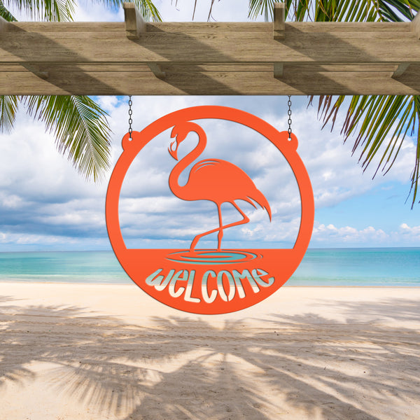 Tropical Flamingo Metal Welcome Sign - Fun Entryway Wall Hanging - Whimsical Beach Decor - Pink Flamingos Door Hanger - Housewarming Gift
