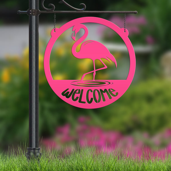 Tropical Flamingo Metal Welcome Sign - Fun Entryway Wall Hanging - Whimsical Beach Decor - Pink Flamingos Door Hanger - Housewarming Gift