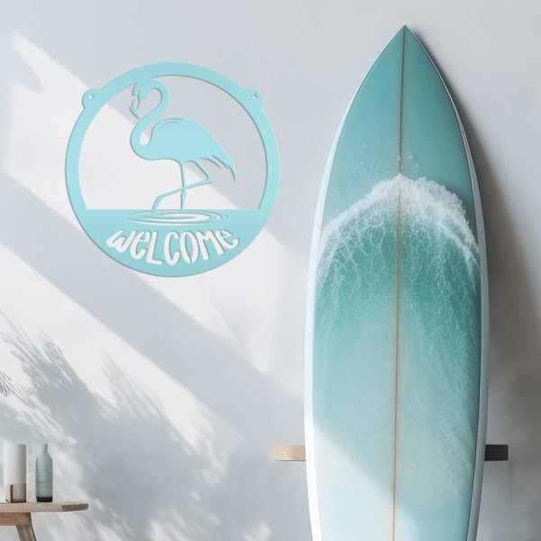 Tropical Flamingo Metal Welcome Sign - Fun Entryway Wall Hanging - Whimsical Beach Decor - Pink Flamingos Door Hanger - Housewarming Gift