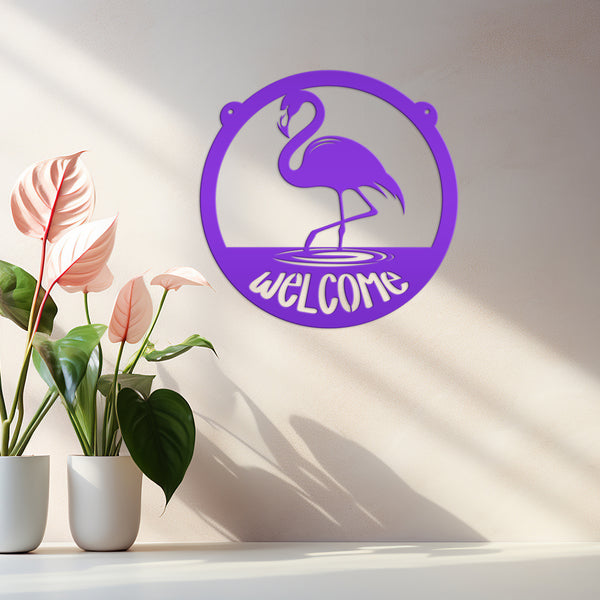 Tropical Flamingo Metal Welcome Sign - Fun Entryway Wall Hanging - Whimsical Beach Decor - Pink Flamingos Door Hanger - Housewarming Gift