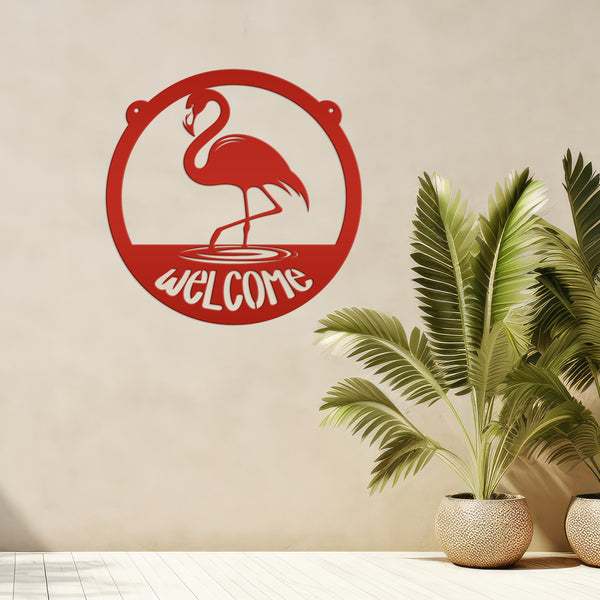 Tropical Flamingo Metal Welcome Sign - Fun Entryway Wall Hanging - Whimsical Beach Decor - Pink Flamingos Door Hanger - Housewarming Gift