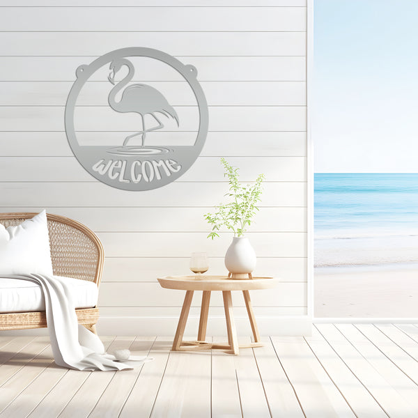 Tropical Flamingo Metal Welcome Sign - Fun Entryway Wall Hanging - Whimsical Beach Decor - Pink Flamingos Door Hanger - Housewarming Gift