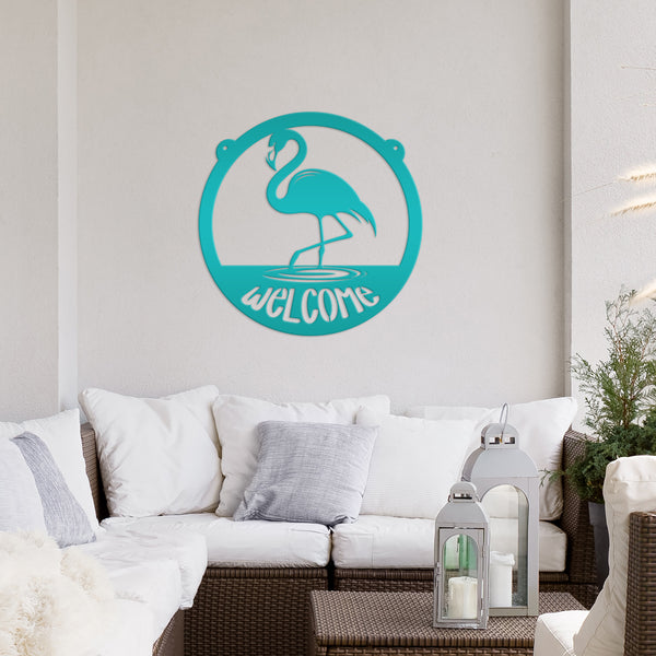 Tropical Flamingo Metal Welcome Sign - Fun Entryway Wall Hanging - Whimsical Beach Decor - Pink Flamingos Door Hanger - Housewarming Gift
