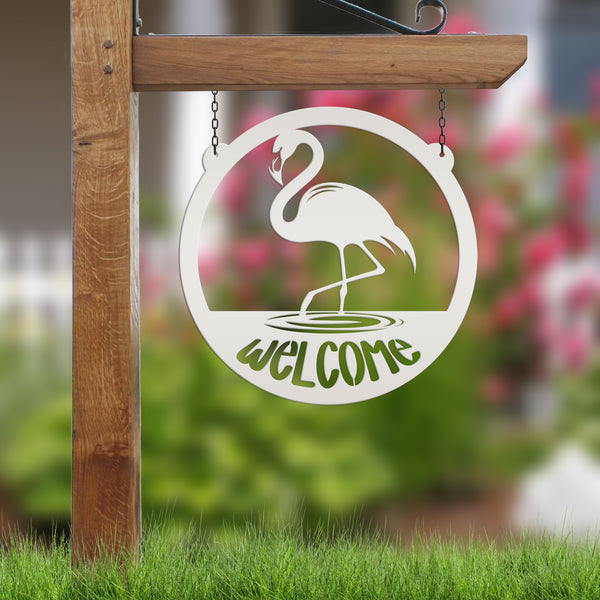 Tropical Flamingo Metal Welcome Sign - Fun Entryway Wall Hanging - Whimsical Beach Decor - Pink Flamingos Door Hanger - Housewarming Gift