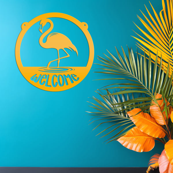 Tropical Flamingo Metal Welcome Sign - Fun Entryway Wall Hanging - Whimsical Beach Decor - Pink Flamingos Door Hanger - Housewarming Gift