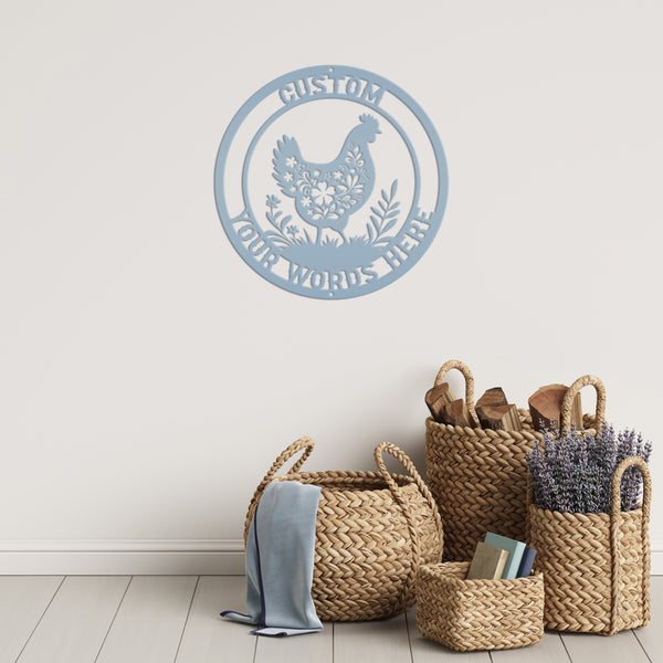 Metal Chicken Sign with Floral Design - Unique Personalized Farm Decor - Charming Custom Chicken Coop Plaque - Rustic Farmhouse Wall Hanging