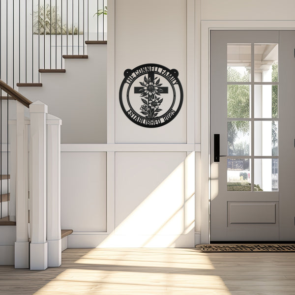 Memorial Metal Sign with Floral Christian Cross - Family Name Wall Hanging - Faith Inspired Home Decor - Custom Door Hanger - Gift for Her