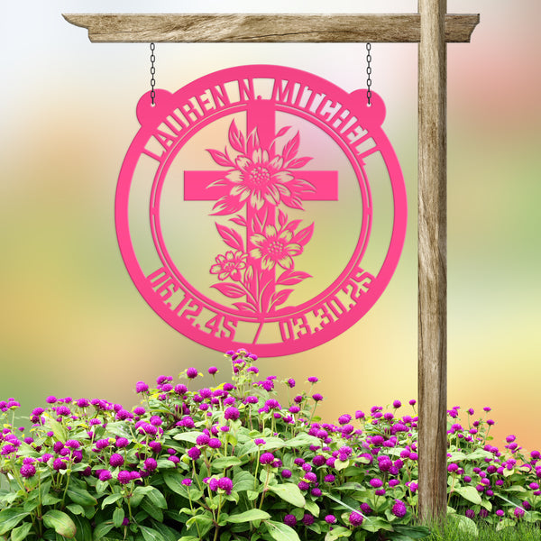 Memorial Metal Sign with Floral Christian Cross - Family Name Wall Hanging - Faith Inspired Home Decor - Custom Door Hanger - Gift for Her