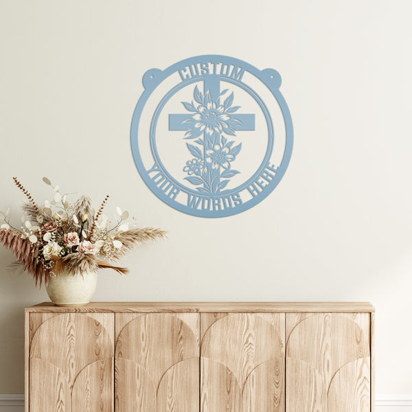 Memorial Metal Sign with Floral Christian Cross - Family Name Wall Hanging - Faith Inspired Home Decor - Custom Door Hanger - Gift for Her