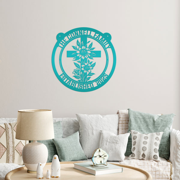 Memorial Metal Sign with Floral Christian Cross - Family Name Wall Hanging - Faith Inspired Home Decor - Custom Door Hanger - Gift for Her