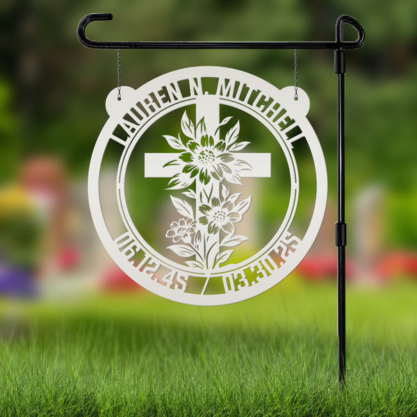 Memorial Metal Sign with Floral Christian Cross - Family Name Wall Hanging - Faith Inspired Home Decor - Custom Door Hanger - Gift for Her