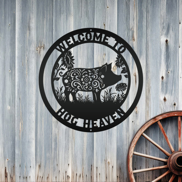 Floral Pig Metal Farm Sign - Rustic Farmhouse Decor - Custom Wall Hangings - Personalized Farmers Gift - Charming Outdoor Front Porch Decor