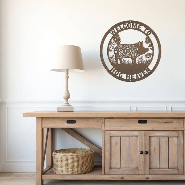 Floral Pig Metal Farm Sign - Rustic Farmhouse Decor - Custom Wall Hangings - Personalized Farmers Gift - Charming Outdoor Front Porch Decor