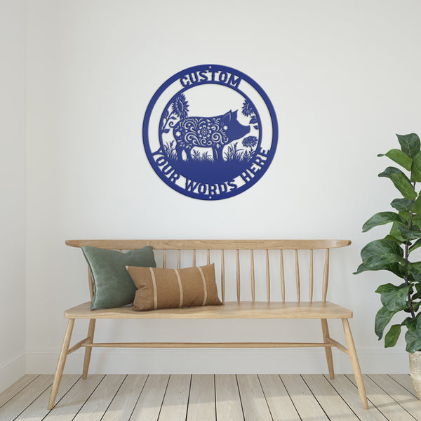 Floral Pig Metal Farm Sign - Rustic Farmhouse Decor - Custom Wall Hangings - Personalized Farmers Gift - Charming Outdoor Front Porch Decor