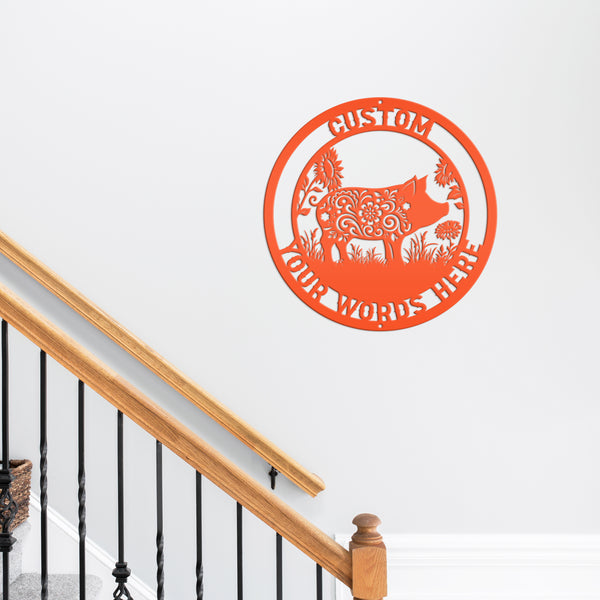 Floral Pig Metal Farm Sign - Rustic Farmhouse Decor - Custom Wall Hangings - Personalized Farmers Gift - Charming Outdoor Front Porch Decor