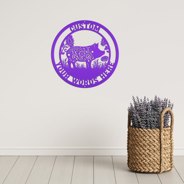 Floral Pig Metal Farm Sign - Rustic Farmhouse Decor - Custom Wall Hangings - Personalized Farmers Gift - Charming Outdoor Front Porch Decor