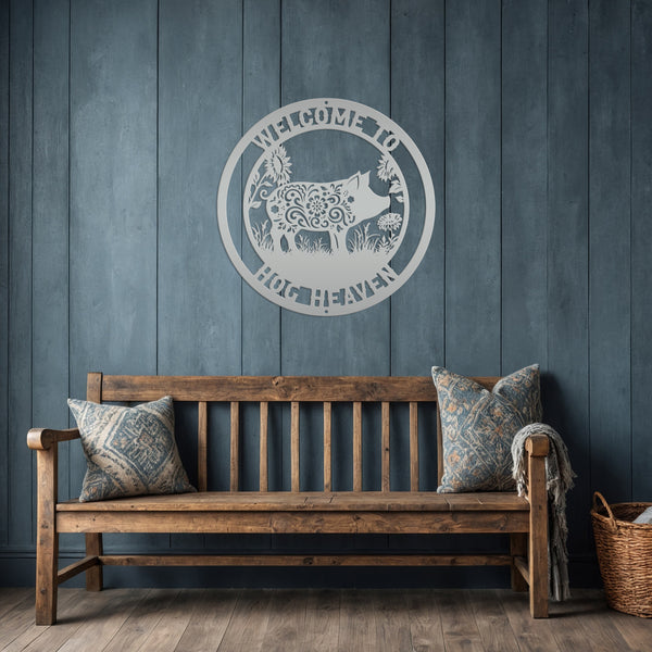 Floral Pig Metal Farm Sign - Rustic Farmhouse Decor - Custom Wall Hangings - Personalized Farmers Gift - Charming Outdoor Front Porch Decor