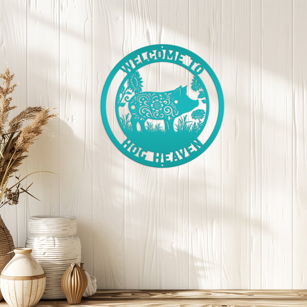 Floral Pig Metal Farm Sign - Rustic Farmhouse Decor - Custom Wall Hangings - Personalized Farmers Gift - Charming Outdoor Front Porch Decor