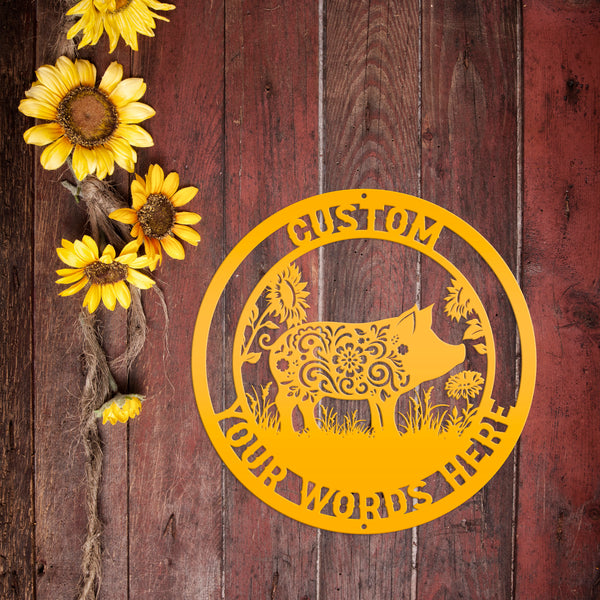 Floral Pig Metal Farm Sign - Rustic Farmhouse Decor - Custom Wall Hangings - Personalized Farmers Gift - Charming Outdoor Front Porch Decor