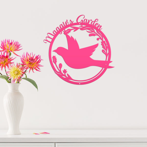 Personalized Patio/Porch/Garden Flying Bird in Flower Frame Metal Sign