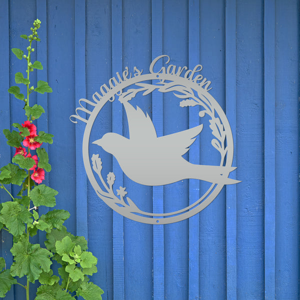 Personalized Patio/Porch/Garden Flying Bird in Flower Frame Metal Sign