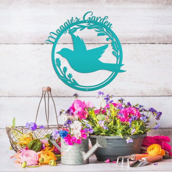 Personalized Patio/Porch/Garden Flying Bird in Flower Frame Metal Sign