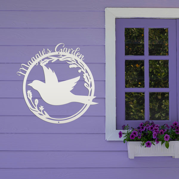 Personalized Patio/Porch/Garden Flying Bird in Flower Frame Metal Sign