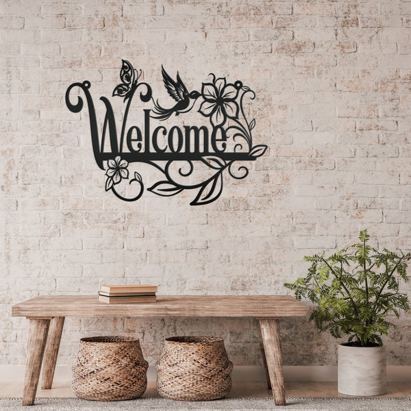 Flower Floral Garden with Butterflies and Hummingbird  Welcome Sign,Floral Wall Decor & Wall Art, Outdoor Floral Signs, Mother's Day Gift, Gift for Gardener, Mother's Day Gift, Gift for Grandma , Gardener Gift, Garden Art, Lawn Art