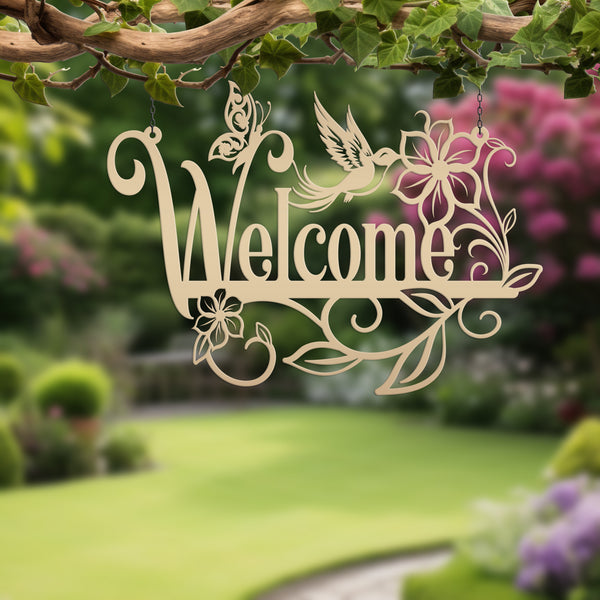 Flower Floral Garden with Butterflies and Hummingbird  Welcome Sign,Floral Wall Decor & Wall Art, Outdoor Floral Signs, Mother's Day Gift, Gift for Gardener, Mother's Day Gift, Gift for Grandma , Gardener Gift, Garden Art, Lawn Art