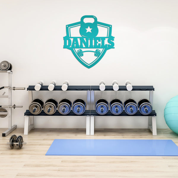 Personalized Family Name Home Gym Kettlebell and Barbell Metal Sign-Home Gym Sign-Sign for Weight Room-Fitness Center Wall Decor-Wall Art