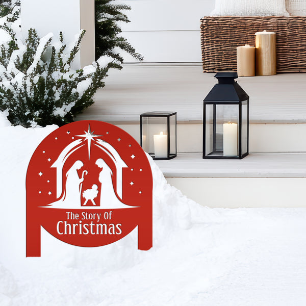 Metal Christmas Nativity Sign - Festive Holiday Display - Manger Scene Decoration - The Story of Christmas Yard Stake - Christian Art Decor