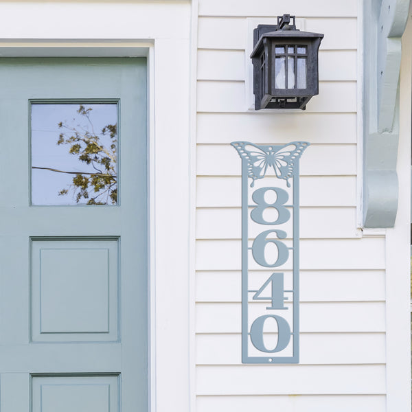 Metal Address Sign, Vertical House Numbers Plaque with Detailed Butterfly, Mailbox Post Home Marker, Business Wall Decor, Front Porch HOA