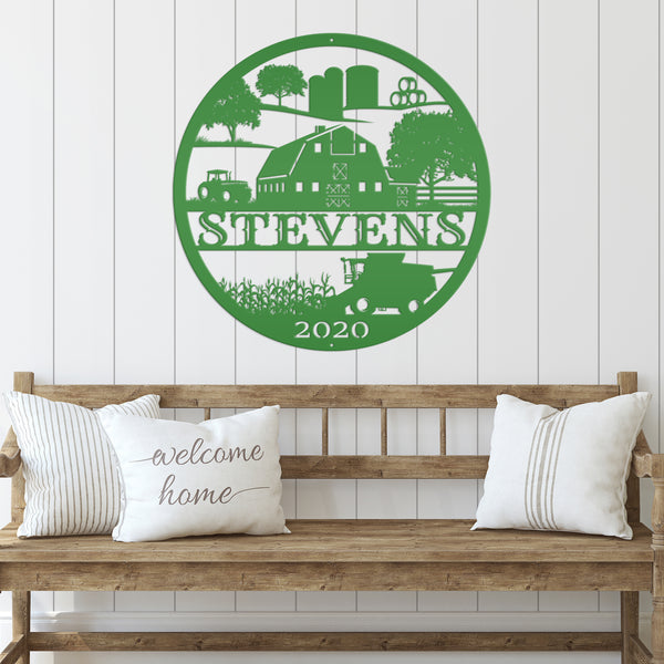 Round Personalized Harvesting Farm Scene with Year Metal Sign