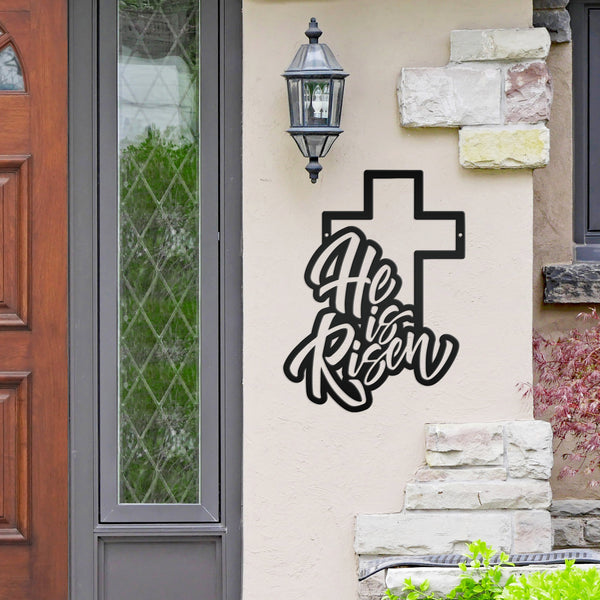 Easter Home Decor - He is Risen Cross Metal Sign - Christian Wall Art - Unique Holiday Decoration - Outdoor Spring Signs - Cute Easter Gift