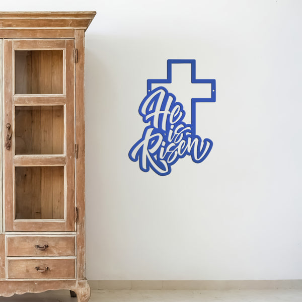 Easter Home Decor - He is Risen Cross Metal Sign - Christian Wall Art - Unique Holiday Decoration - Outdoor Spring Signs - Cute Easter Gift