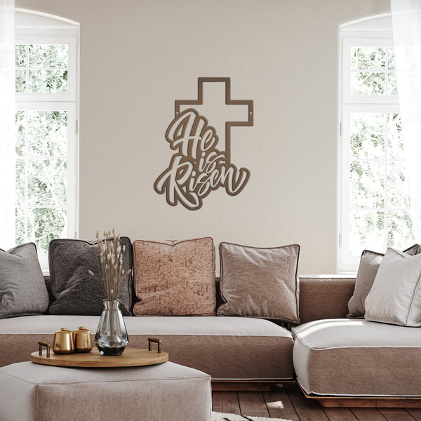 Easter Home Decor - He is Risen Cross Metal Sign - Christian Wall Art - Unique Holiday Decoration - Outdoor Spring Signs - Cute Easter Gift