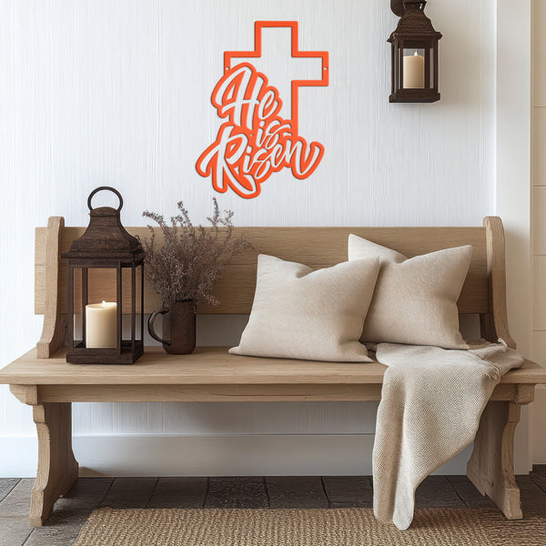 Easter Home Decor - He is Risen Cross Metal Sign - Christian Wall Art - Unique Holiday Decoration - Outdoor Spring Signs - Cute Easter Gift